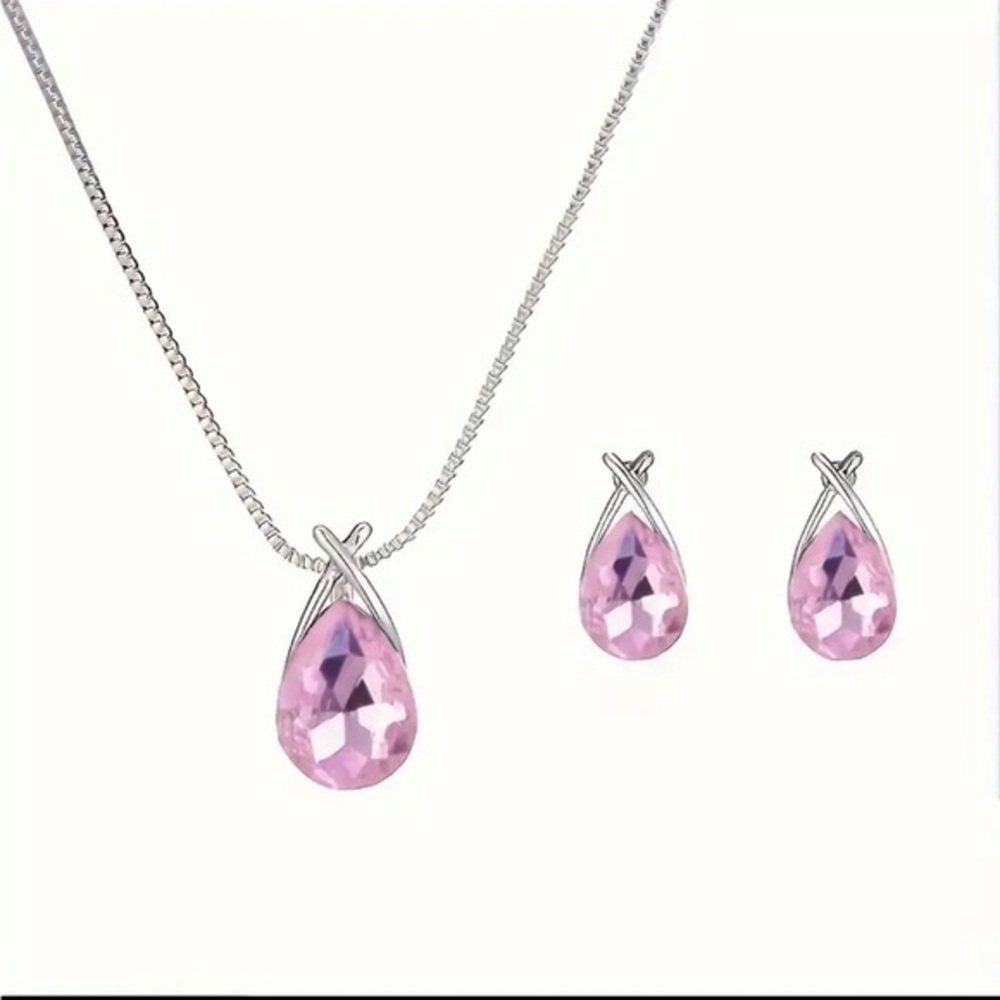 NWT! (Pink) Vibrant Waterdrop Crystal Necklace & Earring Set Sparkling G…